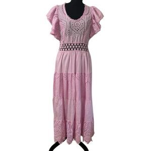 DX Collection Pink Embroidered Cotton Maxi Dress(Size Medium)